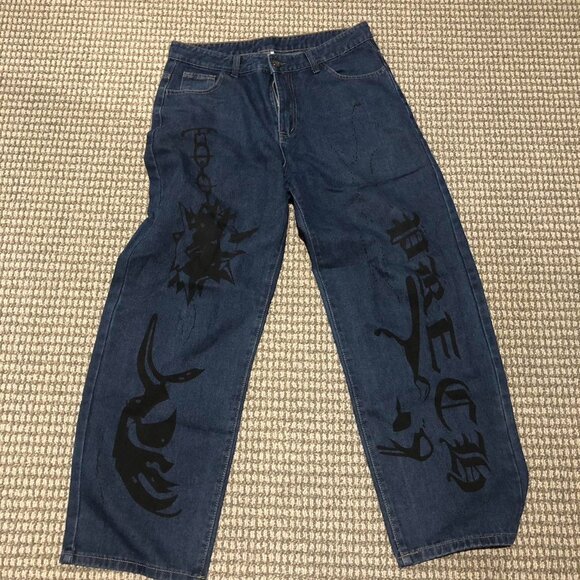 Sick Rare vintage 90s baggy Japanese denim jeans with unique painted design - Picture 2 of 8
